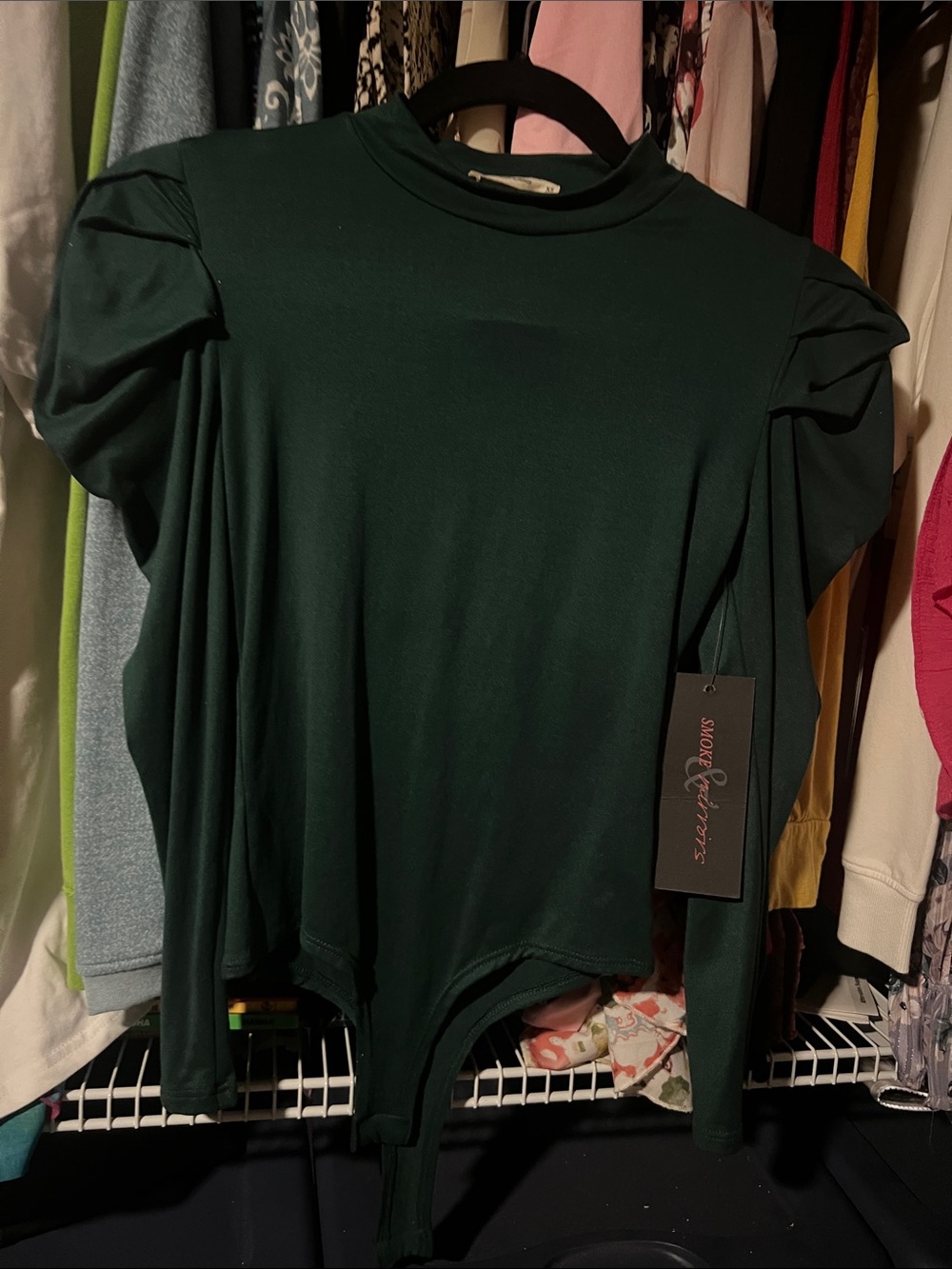 Smocked Puff-Sleeve Long-Sleeve Bodysuit - Dark Green